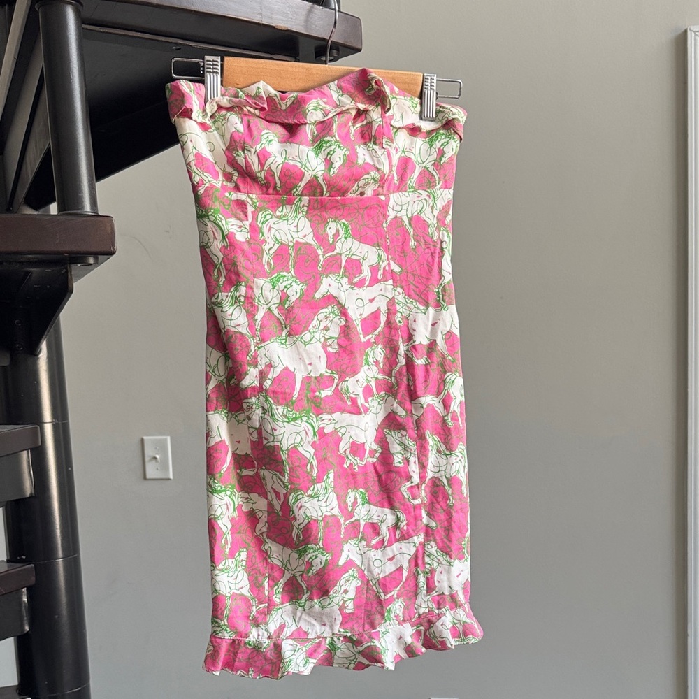 100% Cotton Lilly Pulitzer Hot to Trot Pink, Green Strapless Ruffle Derby dress